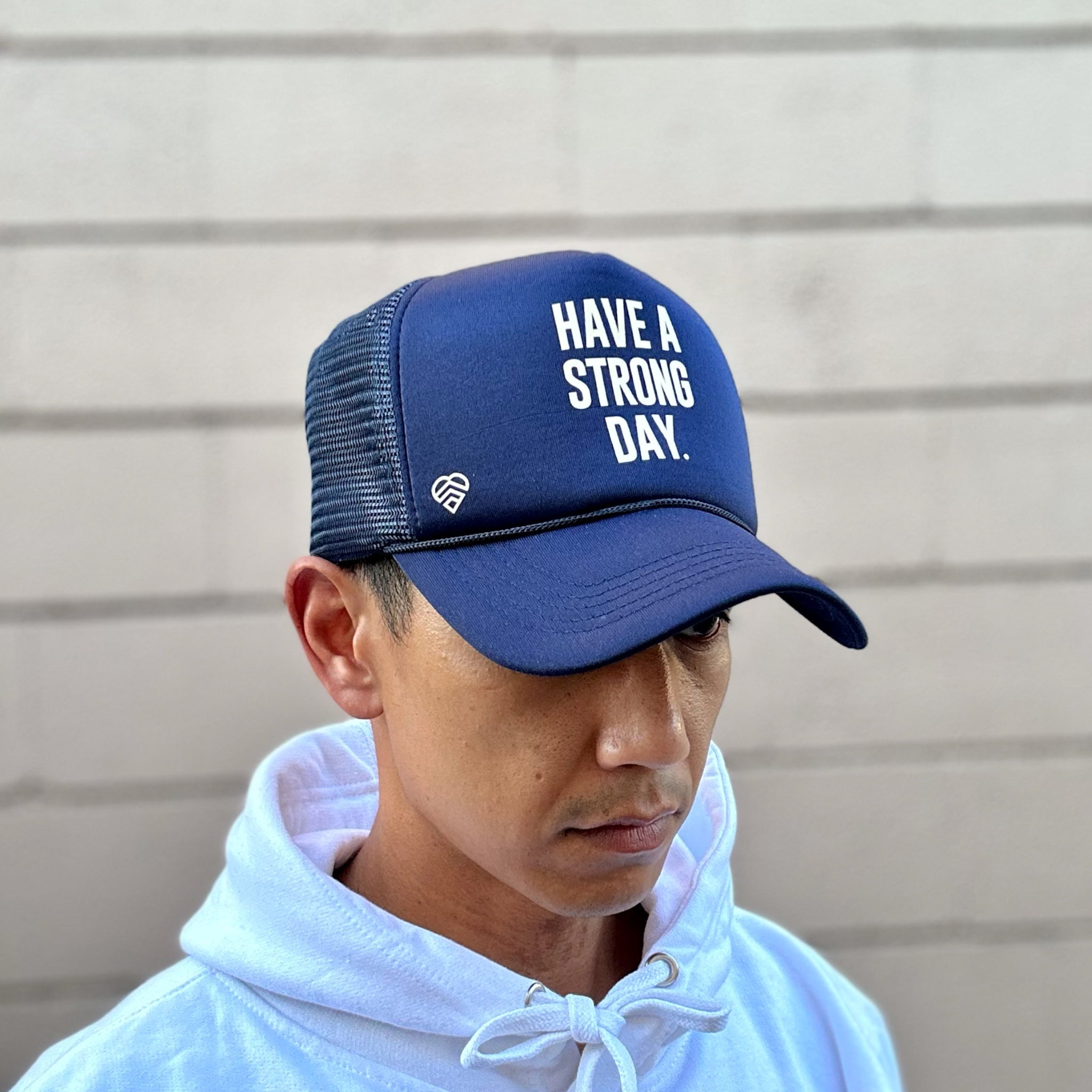 Slogan Statement High-Crown Trucker Hat - Navy